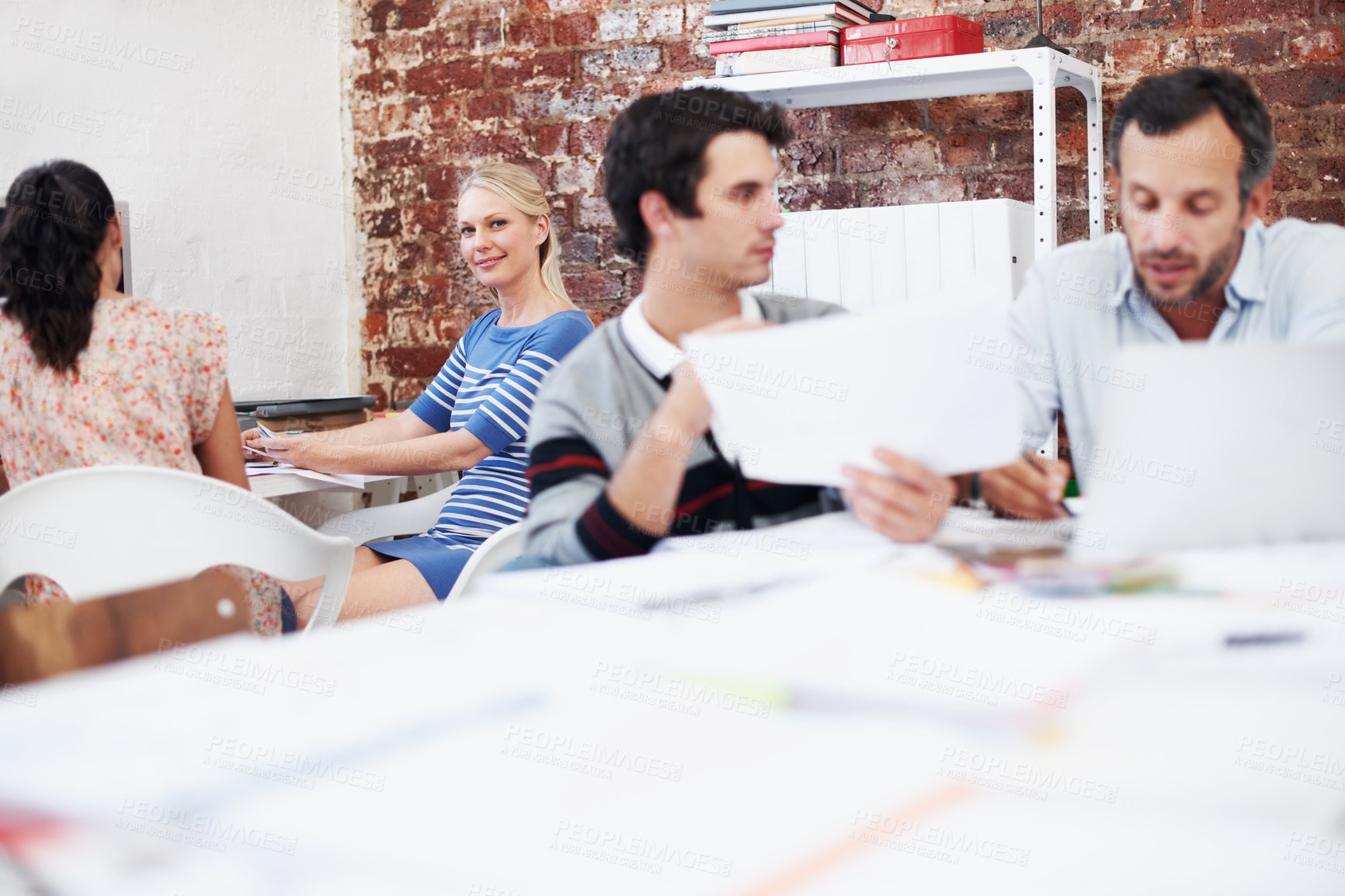 Buy stock photo Team, documents and discussion with business people in office for interior design, planning and feedback. Architect meeting, designer briefing and project management with employees in agency