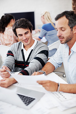 Buy stock photo Team, documents and reading with business people in office for planning, interior design pitch and feedback. Decor paperwork, client briefing and meeting with employees for research and project