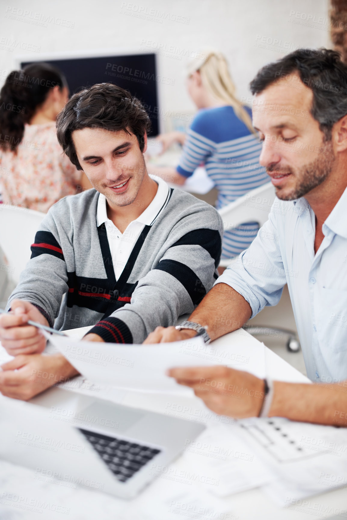 Buy stock photo Team, documents and reading with business people in office for planning, interior design pitch and feedback. Decor paperwork, client briefing and meeting with employees for research and project