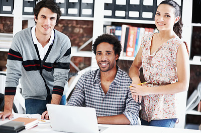 Buy stock photo Laptop, creative and portrait of business people in office for architect, about us and community. Collaboration, designer solidarity and research with employees in agency for team and growth