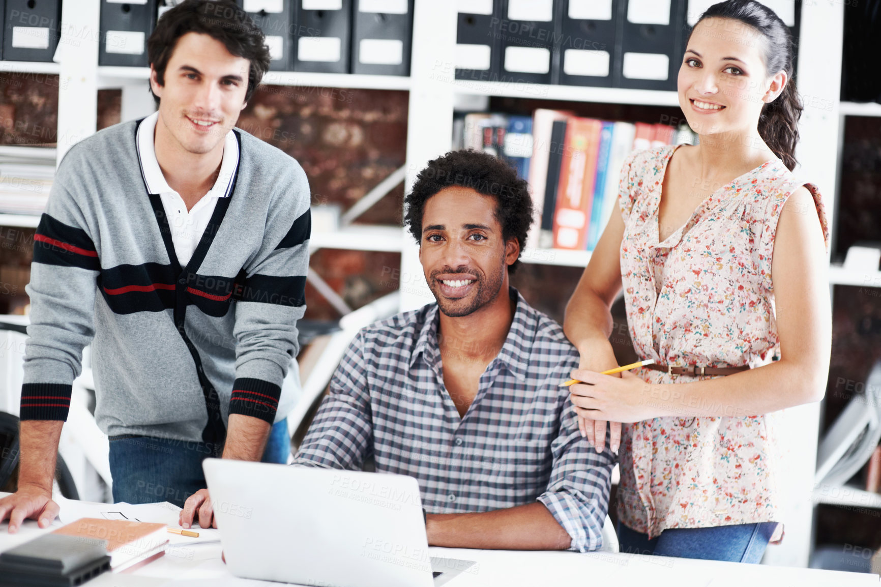 Buy stock photo Laptop, creative and portrait of business people in office for architect, about us and community. Collaboration, designer solidarity and research with employees in agency for team and growth