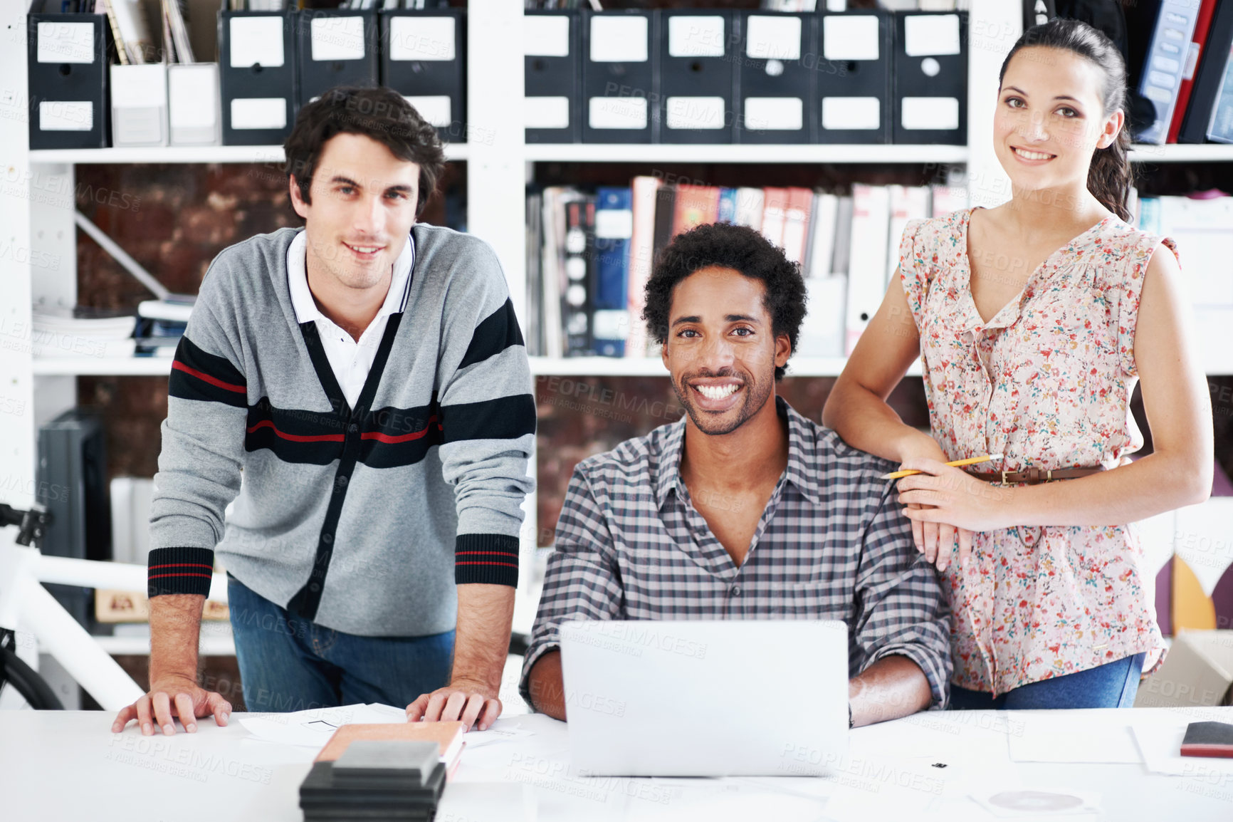 Buy stock photo Laptop, smile and portrait of business people in office for architect, about us or community. Collaboration, designer solidarity and confidence with group of employees in agency for team and research