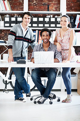 Buy stock photo Laptop, pride and portrait of business people in office for architect, about us and community. Collaboration, designer solidarity and online with group of employees in agency for team and growth