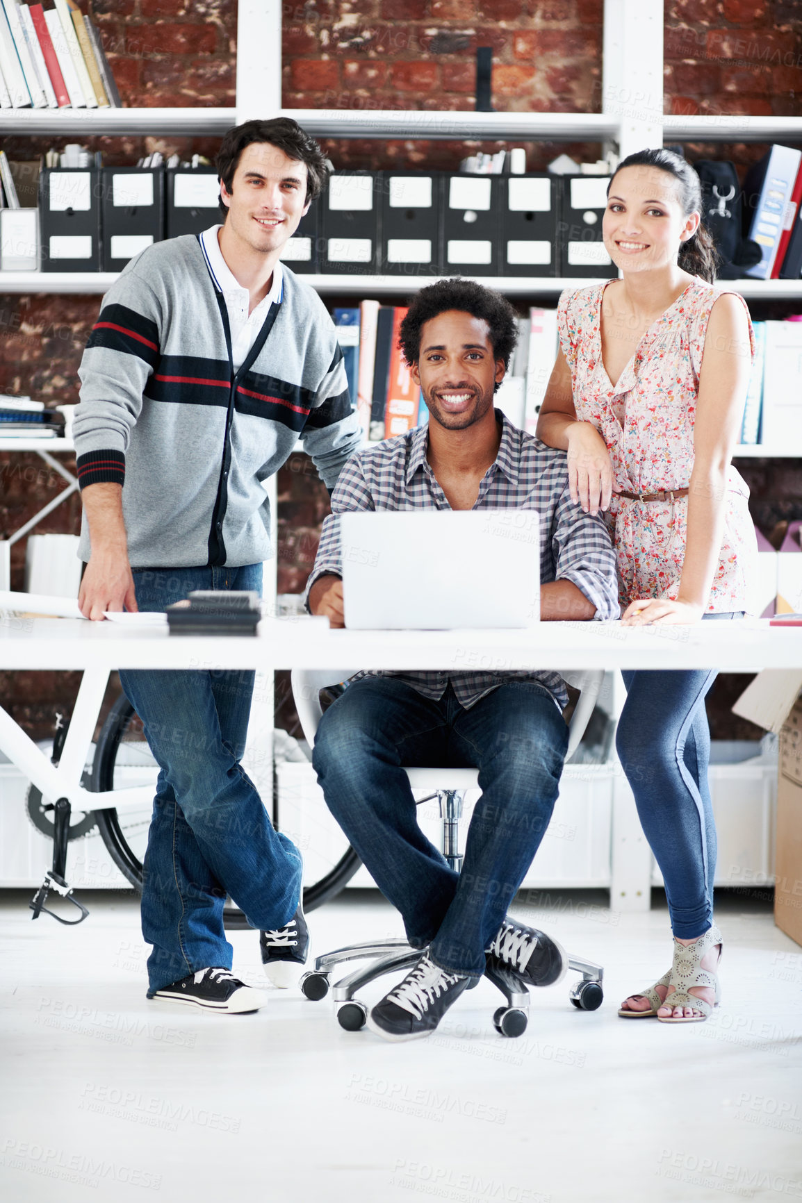 Buy stock photo Laptop, pride and portrait of business people in office for architect, about us and community. Collaboration, designer solidarity and online with group of employees in agency for team and growth