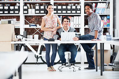 Buy stock photo Smile, laptop and portrait of business people in office for interior design feedback, planning and about us. Architect meeting, online briefing and project management with employees in agency