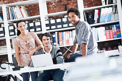 Buy stock photo Team, laptop and portrait of business people in office for interior design feedback, planning and about us. Architect meeting, online briefing and project management with employees in agency