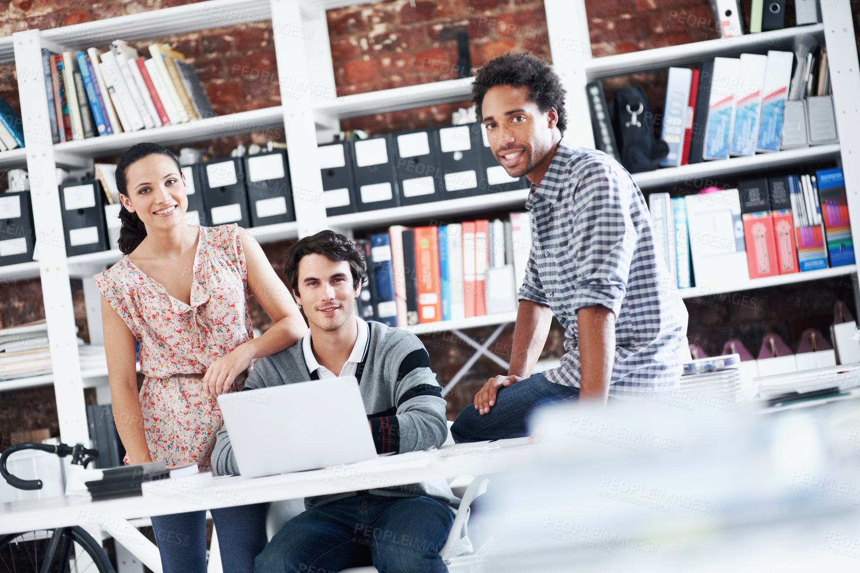 Buy stock photo Team, laptop and portrait of business people in office for interior design feedback, planning and about us. Architect meeting, online briefing and project management with employees in agency