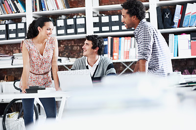 Buy stock photo People, team and discussion with laptop in office meeting for planning, explain or review at media company. Employee, group and tech with application, feedback and collaboration at creative agency