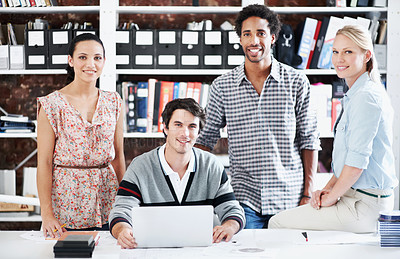 Buy stock photo Laptop, research and portrait of business people in office for architect, about us and community. Collaboration, designer solidarity and online with group of employees in agency for team and growth