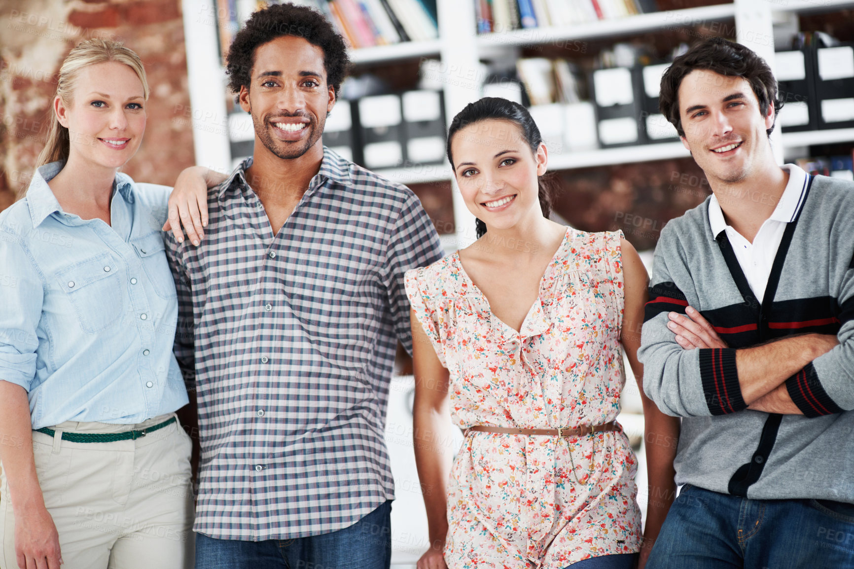 Buy stock photo Smile, portrait and team with business people in office for workshop, community and professional. Solidarity, collaboration and about us with employees in creative agency for startup and pride