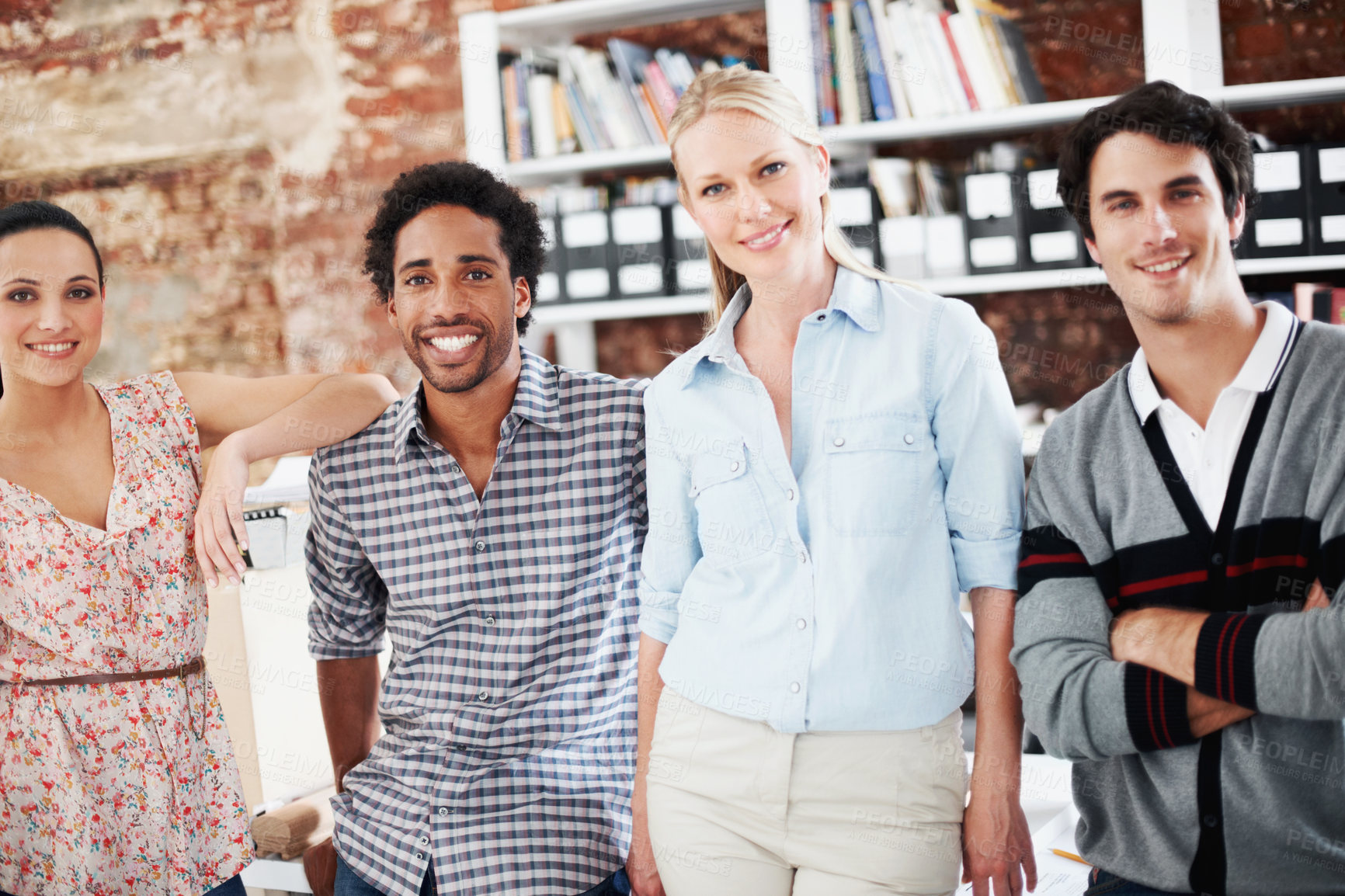 Buy stock photo Smile, portrait and community with business people in office for workshop, professional and team. Solidarity, collaboration and about us with employees in creative agency for startup and pride