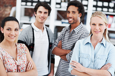 Buy stock photo Arms crossed, portrait and professional with business people in office for workshop, community and team. Solidarity, collaboration and about us with employees in creative agency for startup and pride