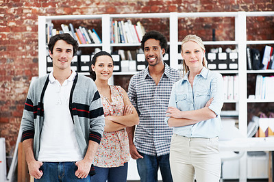 Buy stock photo Smile, portrait and about us with business people in office for workshop, community and team. Solidarity, collaboration and professional with employees in creative agency for startup and pride