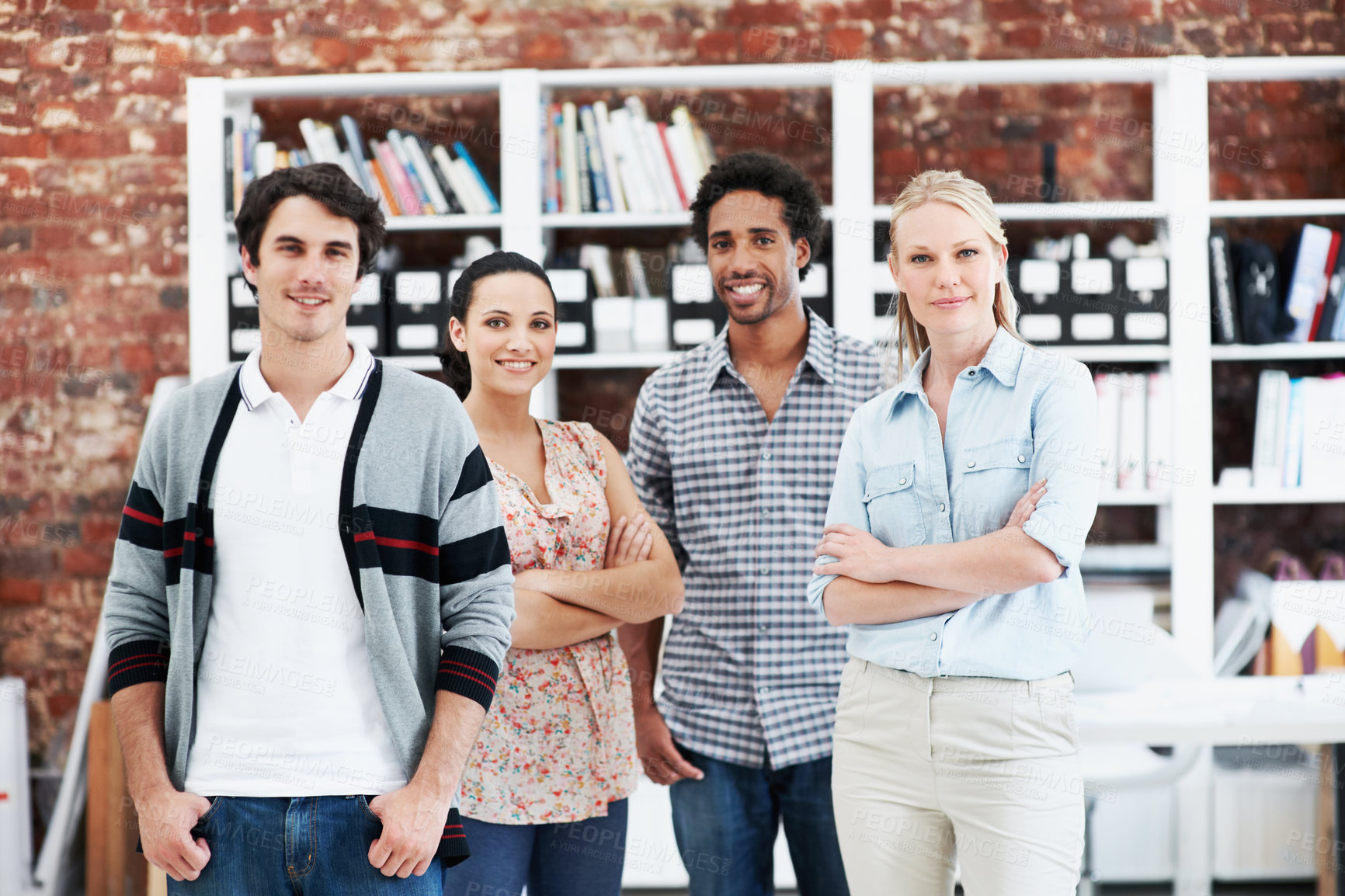 Buy stock photo Smile, portrait and about us with business people in office for workshop, community and team. Solidarity, collaboration and professional with employees in creative agency for startup and pride