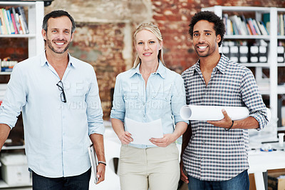 Buy stock photo Blueprint smile and portrait of business people in office for architect, about us and community. Collaboration, designer solidarity and confidence with employees in agency for career and growth