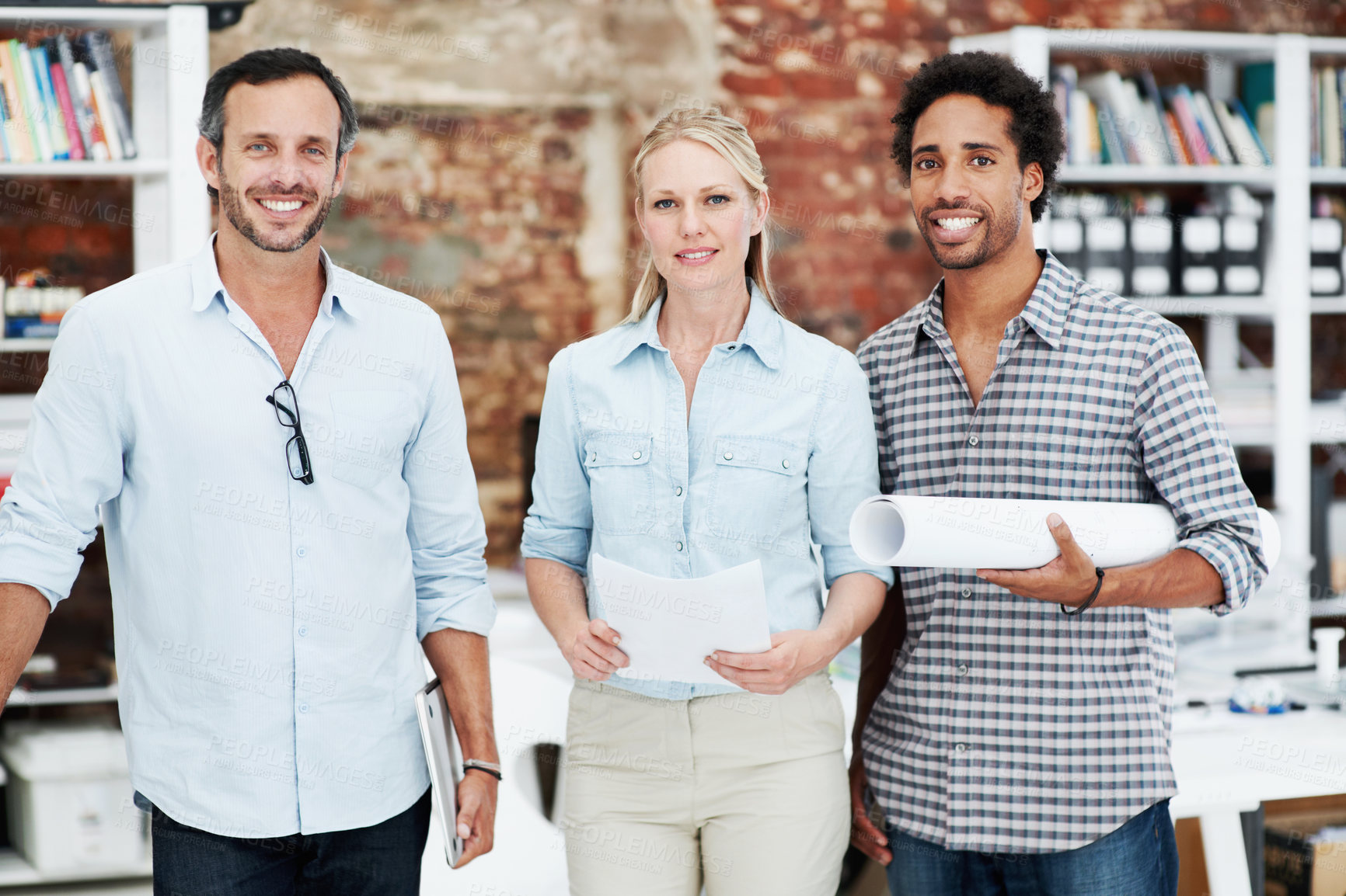 Buy stock photo Blueprint smile and portrait of business people in office for architect, about us and community. Collaboration, designer solidarity and confidence with employees in agency for career and growth