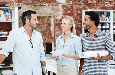 Buy stock photo Discussion, team and project with business people in office for interior design, planning and blueprint review. Architect briefing, proposal feedback and brainstorming with employees in creative firm