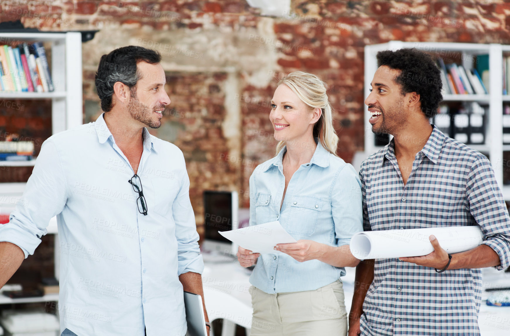 Buy stock photo Discussion, team and project with business people in office for interior design, planning and blueprint review. Architect briefing, proposal feedback and brainstorming with employees in creative firm