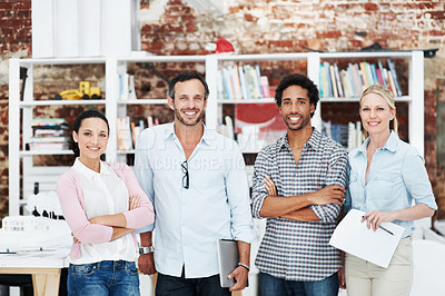 Buy stock photo Team, about us and portrait of business people in office for architect, support or community. Collaboration, designer solidarity and confidence with group of employees in agency for career and growth