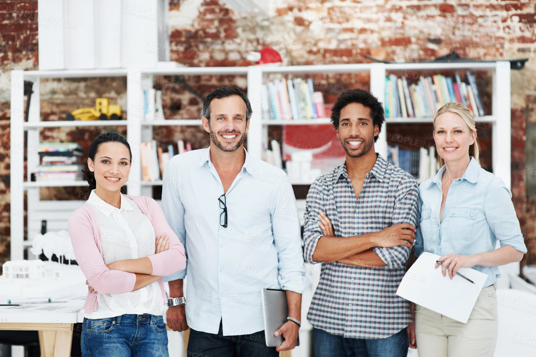 Buy stock photo Team, about us and portrait of business people in office for architect, support or community. Collaboration, designer solidarity and confidence with group of employees in agency for career and growth