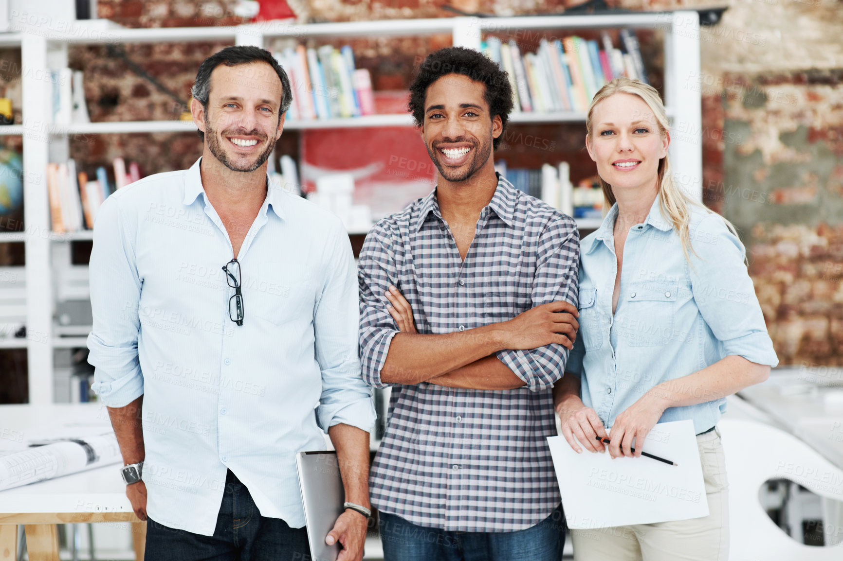 Buy stock photo Team, smile and portrait of business people in office for architect, about us and community. Collaboration, designer solidarity and confidence with group of employees in agency for career and growth
