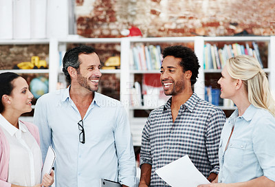 Buy stock photo Meeting, laugh and team with business people in office for mentor, design briefing or brainstorming. Creative crit session, manager feedback and funny joke with employees in startup agency for review