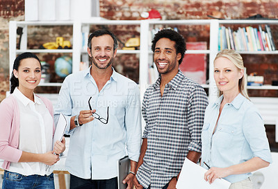 Buy stock photo Team, portrait and happy with business people in office for designer, about us or diversity. Community, creative startup and collaboration with group of employees in agency for pride and professional