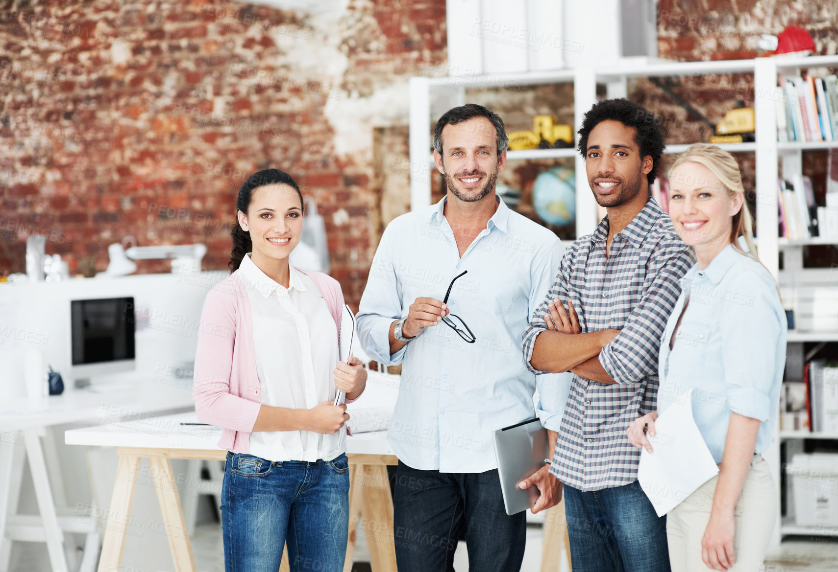 Buy stock photo Team, portrait and diversity with business people in office for designer, about us or smile. Community, creative startup and collaboration with group of employees in agency for pride and professional