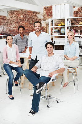 Buy stock photo Team, portrait and pride with business people in office for designer, about us or diversity. Community, creative startup and collaboration with group of employees in agency for smile and professional