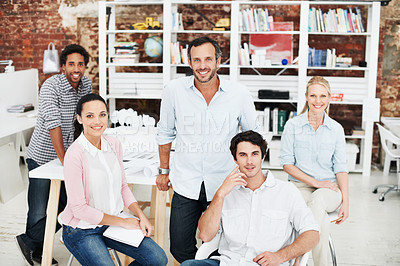 Buy stock photo Team, portrait and architect with business people in office for designer, about us or diversity. Community, property developer and collaboration with group of employees in agency for professional