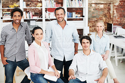 Buy stock photo Team, portrait and creative with business people in office for designer, about us or diversity. Community, startup and collaboration with group of employees in agency for pride and professional