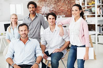 Buy stock photo Team, portrait and about us with business people in office for designer, smile or diversity. Community, creative startup and collaboration with group of employees in agency for pride and professional