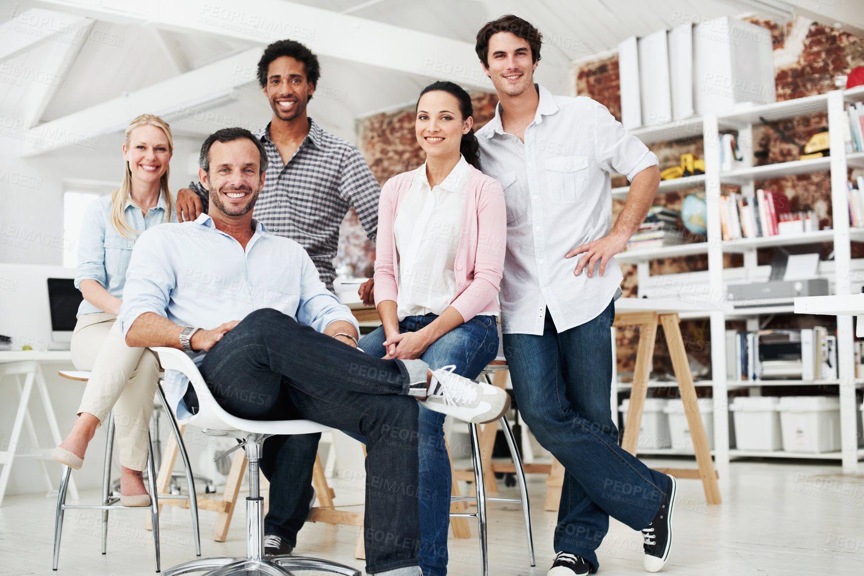 Buy stock photo Team, portrait and smile with business people in office for designer, about us or diversity. Community, creative startup and collaboration with group of employees in agency for pride and professional