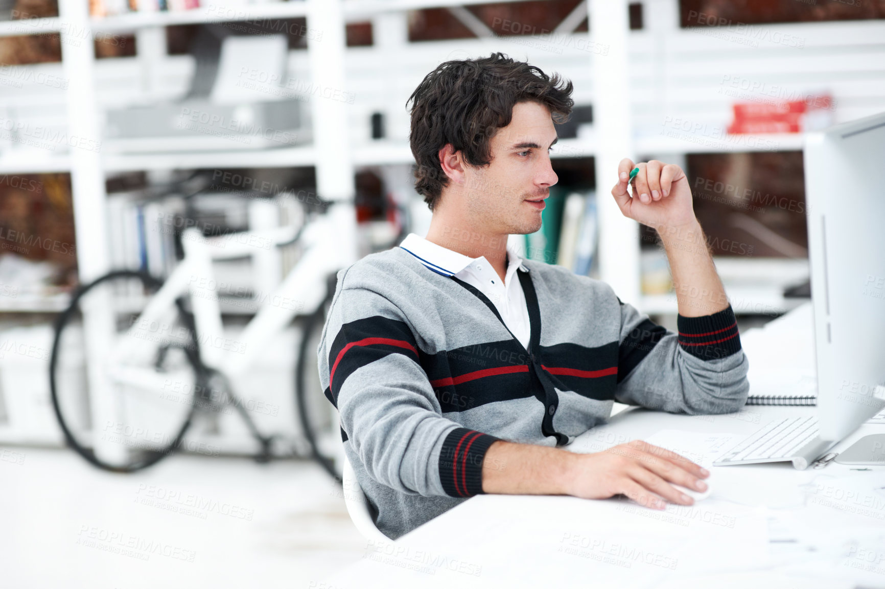 Buy stock photo Reading, computer and research with business man in office for web developer, review and planning. Logo design, creative project and designer with person in startup agency for branding update