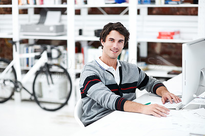 Buy stock photo Portrait, computer and research with business man in office for web developer, review and planning. Logo design, creative project and vision with person in startup agency for branding update