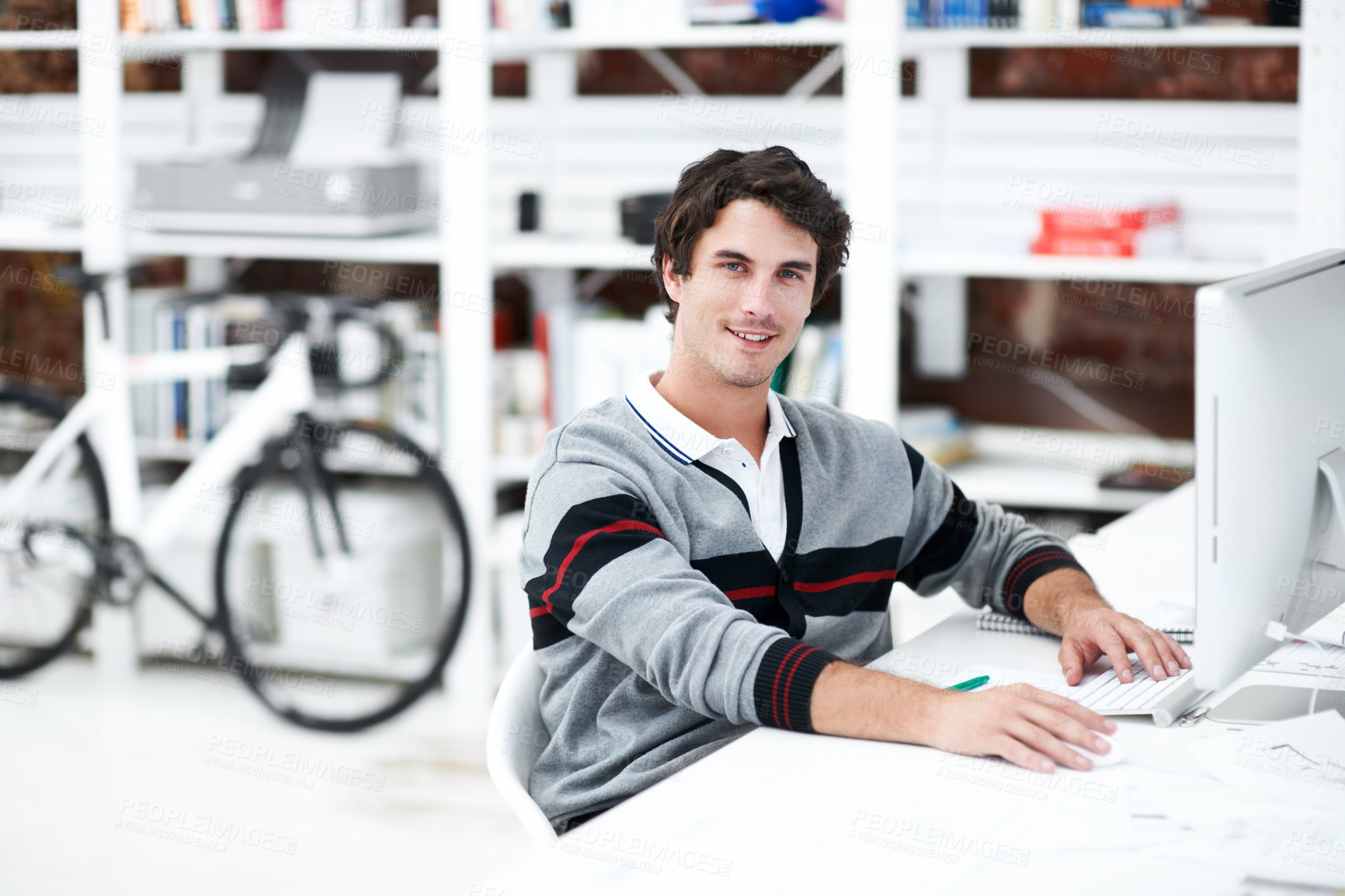 Buy stock photo Portrait, computer and research with business man in office for web developer, review and planning. Logo design, creative project and vision with person in startup agency for branding update