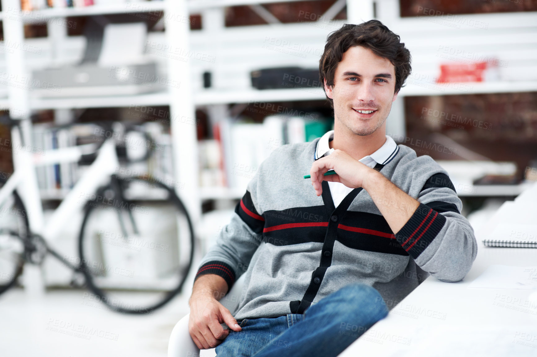 Buy stock photo Smile, portrait and professional with business man in office  for branding project, about us and pride. Happy, confidence and campaign intern with employee in startup agency for creative editor