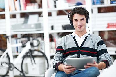 Buy stock photo Headphones, tablet and portrait with business man in office for web developer, research and planning. Logo design, creative project and music with person in startup agency for branding update