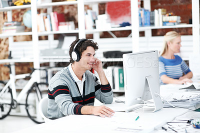 Buy stock photo Headphones, computer and happy with business man in office for web developer, research and planning. Logo design, creative project or music with person in coworking startup agency for branding update