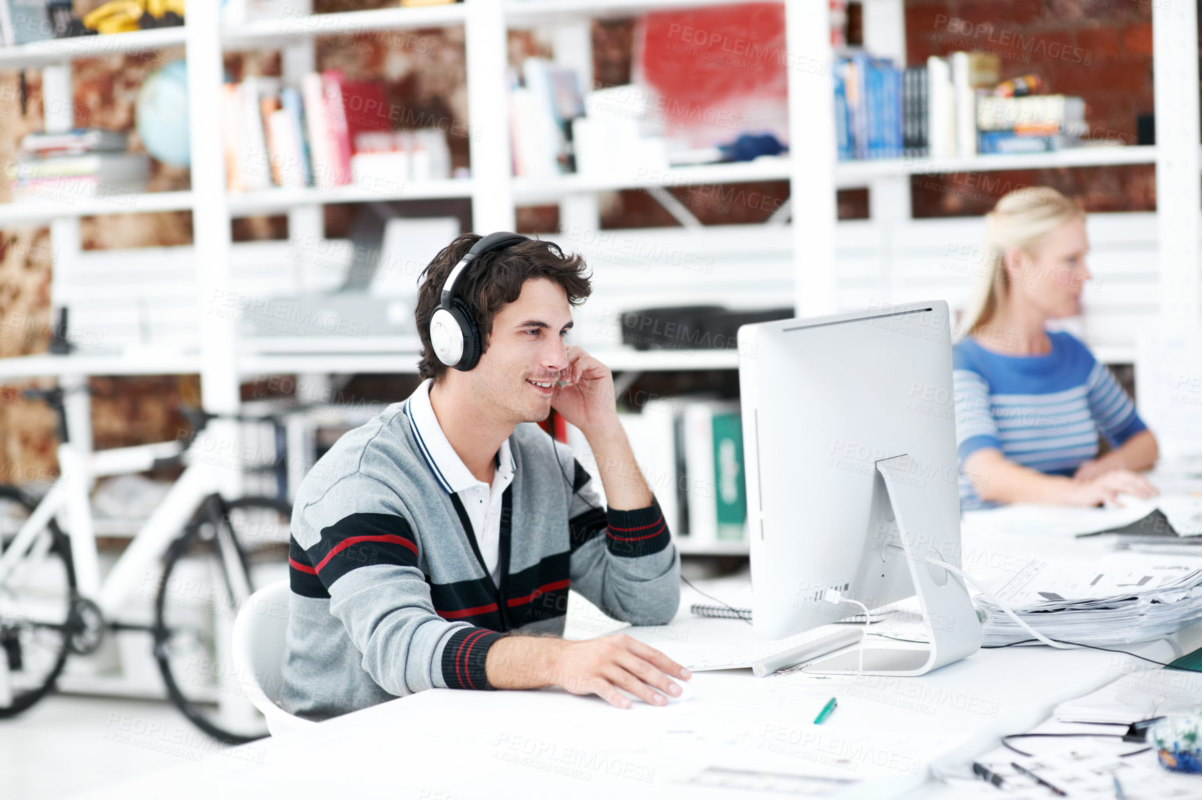 Buy stock photo Headphones, computer and happy with business man in office for web developer, research and planning. Logo design, creative project or music with person in coworking startup agency for branding update