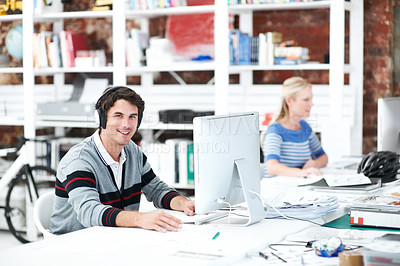 Buy stock photo Headphones, computer or portrait with businessman in office for web developer, research or planning. Logo design, creative project or music with person in coworking startup agency for branding update