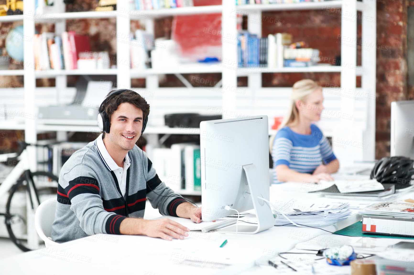 Buy stock photo Headphones, computer or portrait with businessman in office for web developer, research or planning. Logo design, creative project or music with person in coworking startup agency for branding update