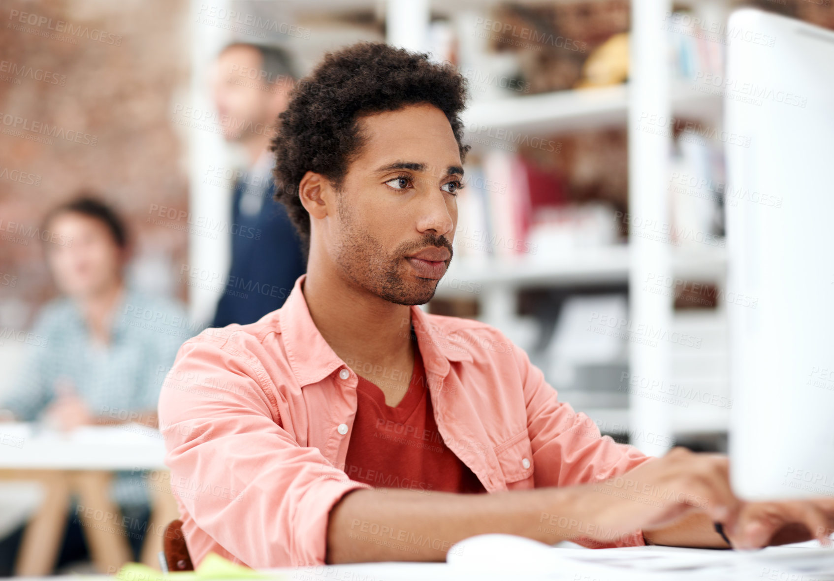 Buy stock photo Computer, research and reading with business man for media planner, coworking and brand analyst. Campaign report, project and customer survey review with person in creative agency for account reach