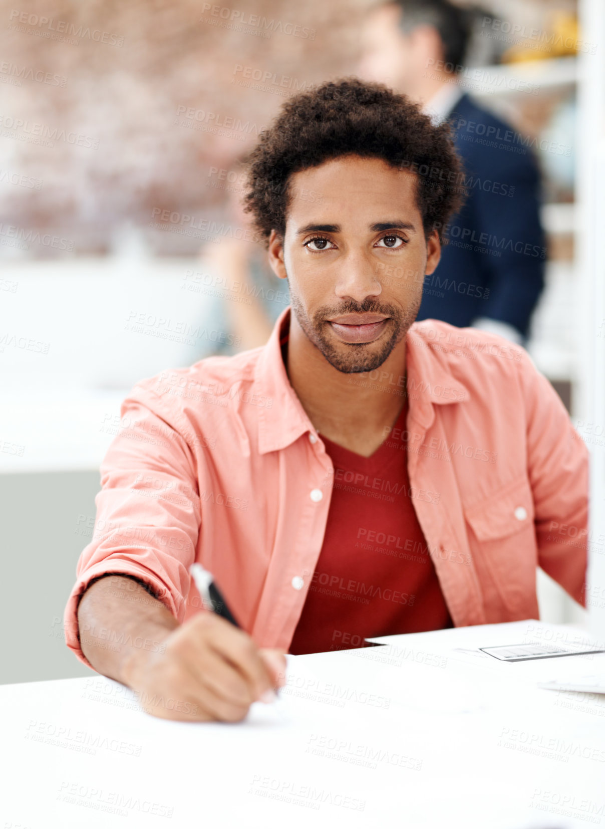 Buy stock photo Designer, portrait and writing with business man in office for branding advisor, coworking and about us. Professional, campaign consultant and career growth with person in creative agency for idea