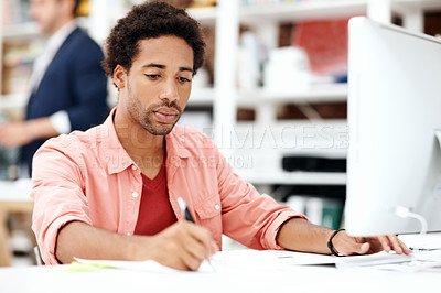 Buy stock photo Computer, research and writing with business man for media planner, coworking and brand analyst. Campaign report, notes and customer survey review with person in creative agency for account reach