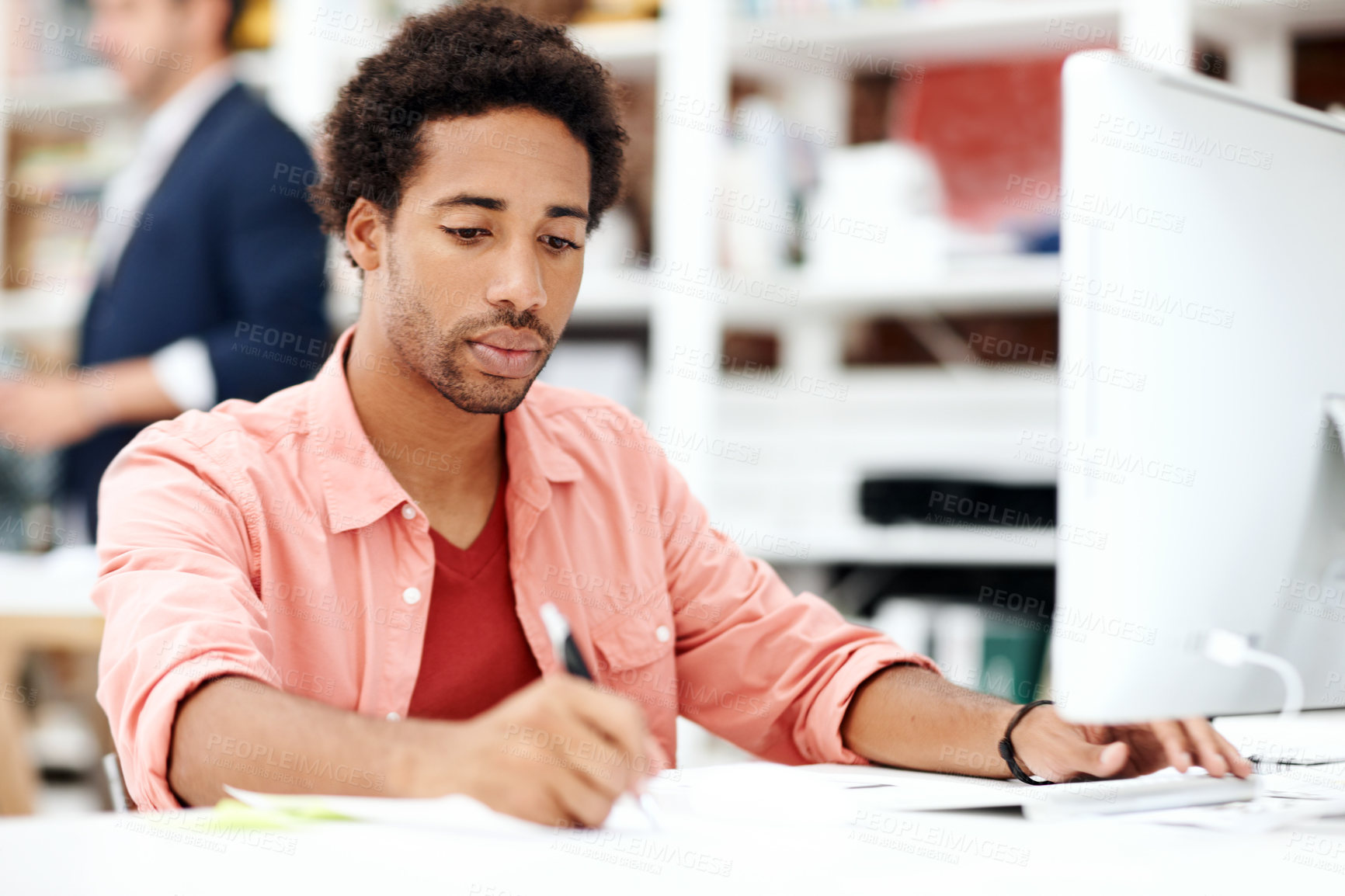 Buy stock photo Computer, research and writing with business man for media planner, coworking and brand analyst. Campaign report, notes and customer survey review with person in creative agency for account reach