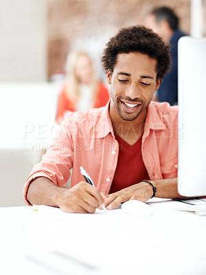 Buy stock photo Computer, smile and writing with business man for media planner, coworking and brand analyst. Campaign report, notes and customer survey review with person in creative agency for account reach