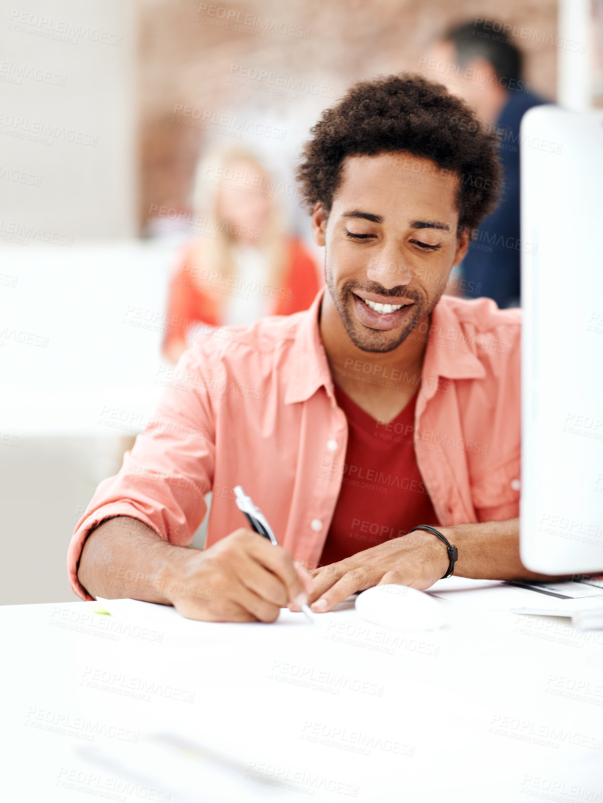 Buy stock photo Computer, smile and writing with business man for media planner, coworking and brand analyst. Campaign report, notes and customer survey review with person in creative agency for account reach