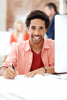 Buy stock photo Smile, portrait and writing with business man in office for branding advisor, coworking and about us. Professional, campaign consultant and career growth with person in creative agency for idea