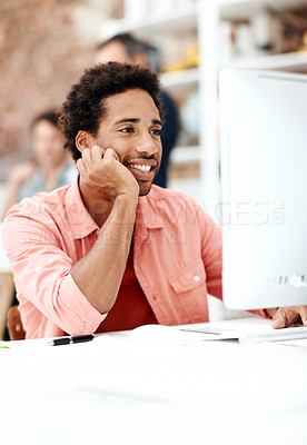 Buy stock photo Computer, reading and smile with business man in office for marketing research, project and creative. Brand perception, advertising insight and planning with employee in  agency for online review
